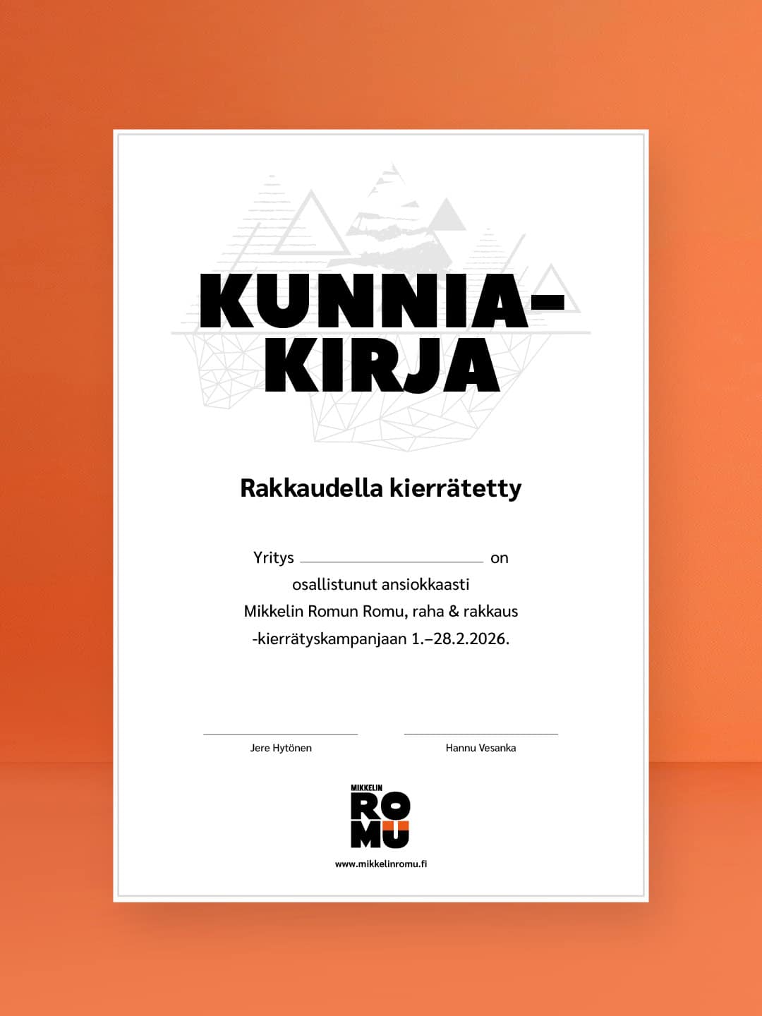 Kajo Brandsin referenssi, Mikkelin Romu. Kunniakirja.