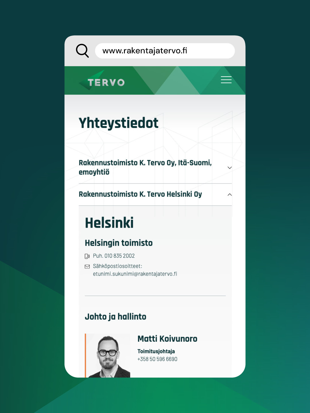 Tervo-konserni, nettisivu, Kajo Brandsin työnäyte.