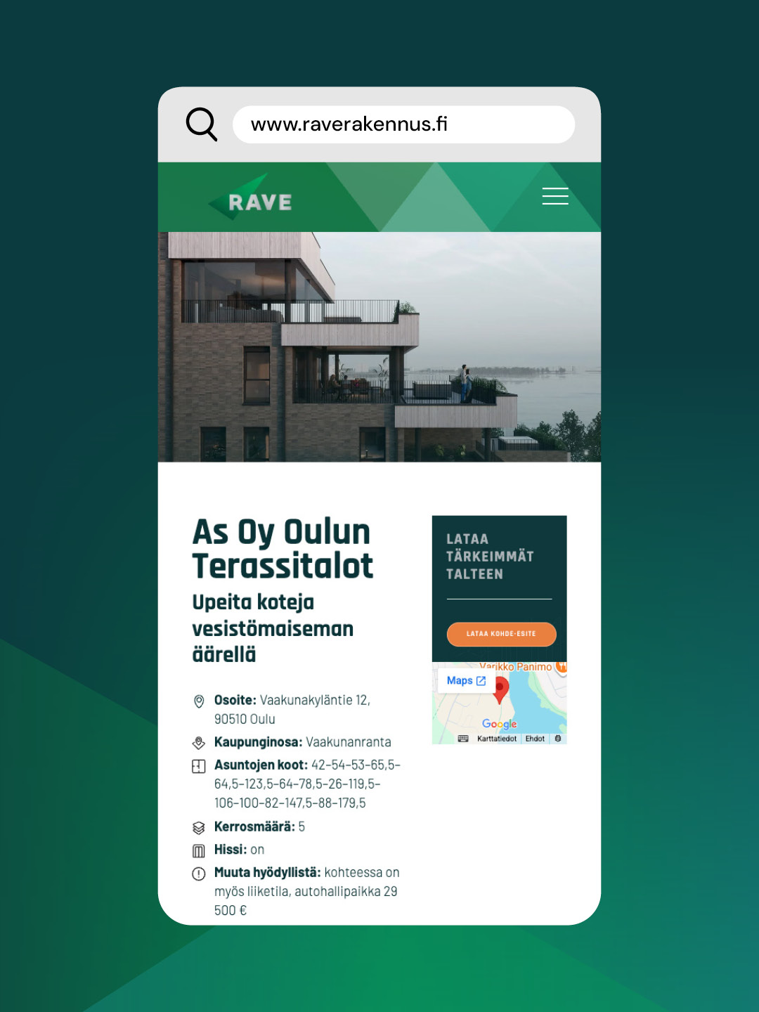 Rave Rakennus, nettisivu, työnäyte.